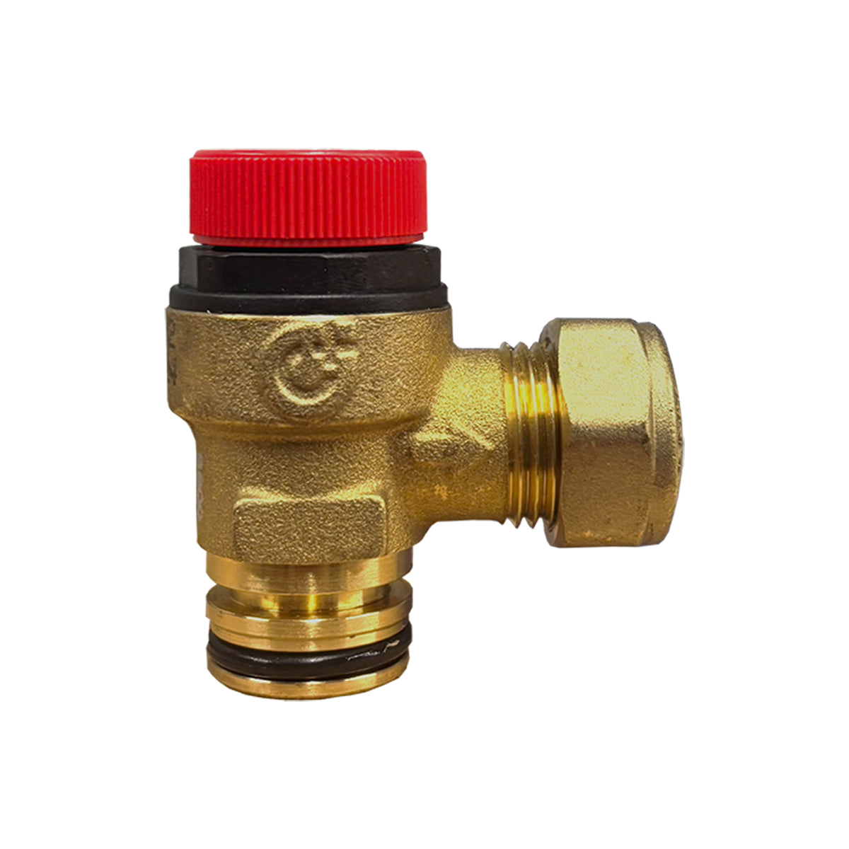 The Caleffi 6 Bar Circlip Pressure Relief Valve (F0000412) with a brass body, red cap and a circlip connection for reliable 15mm installations.